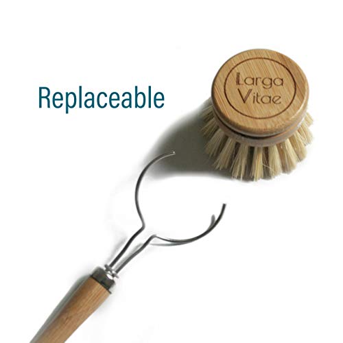Wooden Dish Brush Made of Renewable Bamboo Wood and Natural Bristle Tampico Fiber, includes 5 Replacement Brush Heads, Durable, Long Lasting, All Purpose Kitchen Scrubber