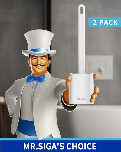 MR.SIGA Toilet Brush and Holder Set, Wall Mounted Toilet Bowl Brush, Compact Toilet Scrub Brush with Holder for Bathroom, White, 2 Pack - color: White