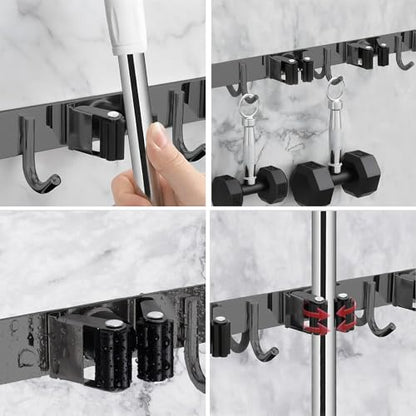 2 Packs 5 Racks and 4 Hooks Mop and Broom Holder Wall Mount, SUS304 Heavy Duty Broom Organizer Storage Tool Racks, Self Adhesive Solid Non-slip Tool Hangers for Home Kitchen Garden Laundry Garage - color: 5 Racks & 4 Hooks (Black) - 2 Pack