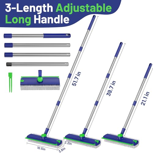 Floor Scrub Brush with Long Handle: 3 in 1 Heavy-Duty Floor Scrubber Brush with Squeegee for Cleaning Tile Bathroom Deck Kitchen Patio - Blue - color: Blue