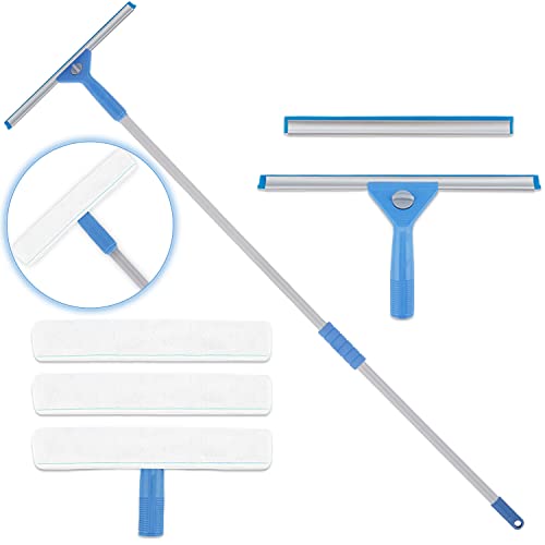 AMERWASH PLUS Window Squeegee Washing Kit for High Window, Shower Glass Door, Mirror Cleaning, with 69-inch Extension Pole, Extra 14'' Wide Squeegee and 2 Microfiber Scrubbers Included - size: Window squeegee with long handle