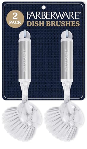 Farberware Dish Brush with Handle – 2 Pack Kitchen Scrub Brush for Dishes, Non-Scratch Dishwashing Brush Set with Firm Bristles for Pots, Pans, & Sink, Long Handles for Everyday Cleaning - color: White Marble Round