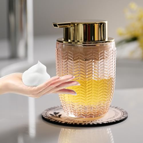 Cicufy Glass Foam Soap or Lotion Dispenser - Refillable Liquid Dispenser with Large Gold Pump - Barrel Pattern in Pink - color: Pink, style: Foam/Barrel Pattern