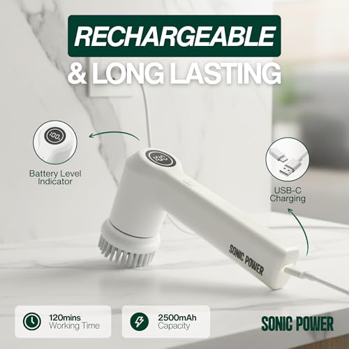 SonicPower Electric Spin Scrubber – Handheld & Ergonomic, IPX7 Waterproof, 4 Multi-Purpose Brush Heads, Long-Lasting Rechargeable Battery – Cleans Dishes, Bathroom, Tile, Grout & Kitchen (White) - color: White