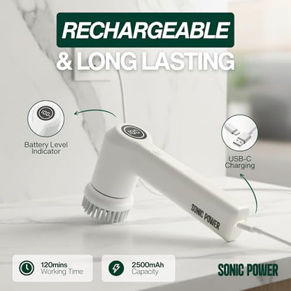 SonicPower Electric Spin Scrubber – Handheld & Ergonomic, IPX7 Waterproof, 4 Multi-Purpose Brush Heads, Long-Lasting Rechargeable Battery – Cleans Dishes, Bathroom, Tile, Grout & Kitchen (White) - color: White