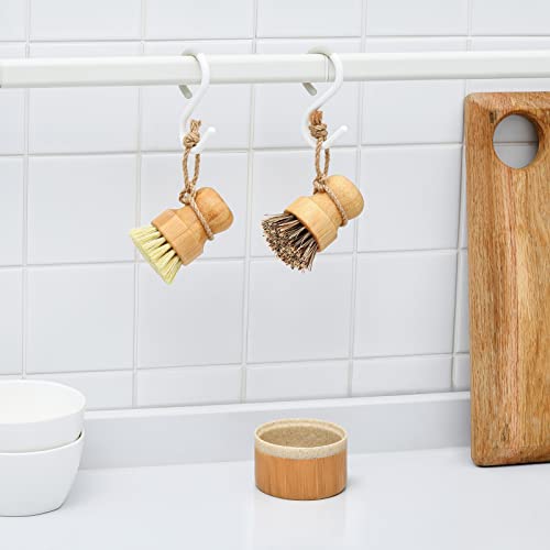 SUBEKYU Bamboo Dish Brush Set with Soap Holder, Wooden Dish Scrubber with Soap Dispenser, Natural Kitchen Scrub Brush, Washing Pot/Pans/Cast Iron, 2 Pack, Sisal + Coconut Palm Bristles - color: Sandstone Base +Sisal 1p+palm 1p, size: Regular size