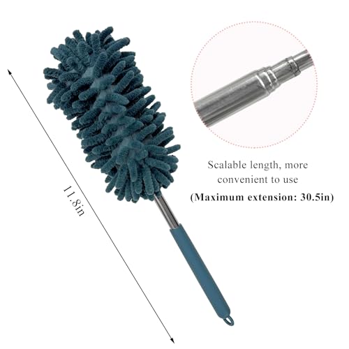 2PCS Car Interior Duster with Extension Pole, 11.8" to 30.5" Retractable Dusters Auto Dash Cleaning Tool, Soft Chenille Hand Washable Dusters for Car Window Furniture Office (Navy Blue) - color: Navy Blue