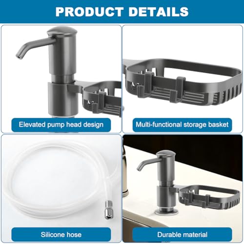 Soap Dispenser for Kitchen Sink, Built in Soap Dispenser Pump with Sponge Holder,Under Counter Brushed Nickel ABS Pump Head with 40" Extension Tube Kit(Dark Grey) - color: Dark Grey