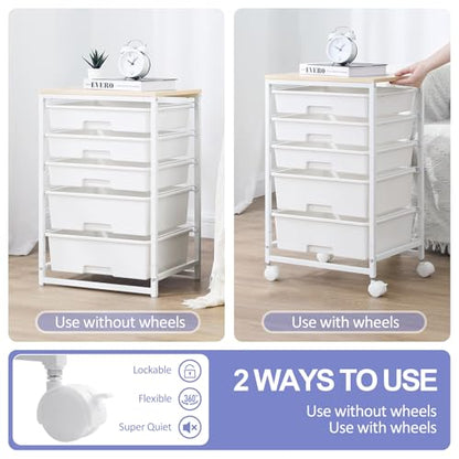SYKIARIOL Utility Cart with 5 Drawers,Storage Drawer Cart with Wooden Tabletop and Lockable Wheels,Craft Storage Trolley Cart,5-Tier Rolling Utility Cart on Wheels,Bright White - color: Bright White