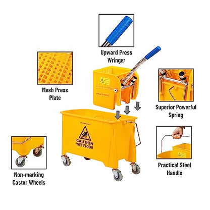 Mind Reader Mop Bucket with Wringer (Mop Not Included), 5.5 Gallon Cleaning Bucket with Wheels and Handle, Upward Press Wringer, Small Mop Compatible, Yellow - size: Mop Bucket Only