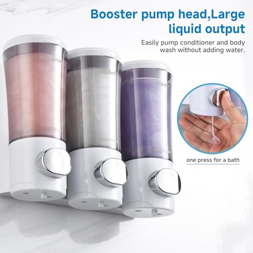 Shampoo and Conditioner Dispenser No Drill Shower Soap Dispenser Wall Mounted Shower Dispenser 3 Chamber with Upgrade Smooth Pump Head Bathroom Body Wash Soap Dispenser Set 450ml*3 White - color: White 3 Chamber