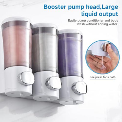 Shampoo and Conditioner Dispenser No Drill Shower Soap Dispenser Wall Mounted Shower Dispenser 3 Chamber with Upgrade Smooth Pump Head Bathroom Body Wash Soap Dispenser Set 450ml*3 White - color: White 3 Chamber