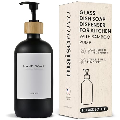 MaisoNovo Glass Hand Soap Dispenser | Dish Soap Dispenser for Kitchen | 16.9oz Black Bottles with Black Bamboo Pump | Bathroom Lotion Dispenser - color: Single Black Bottle/Black Bamboo Pump