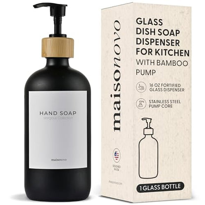 MaisoNovo Glass Hand Soap Dispenser | Dish Soap Dispenser for Kitchen | 16.9oz Black Bottles with Black Bamboo Pump | Bathroom Lotion Dispenser - color: Single Black Bottle/Black Bamboo Pump