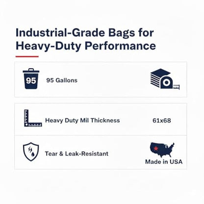 95-96 Gallon Extra-Large Black Garbage Can Liners, Heavy-Duty Trash Bags, 50 Bags, 1.5 Mil Thick, Ideal for Commercial & Home Use