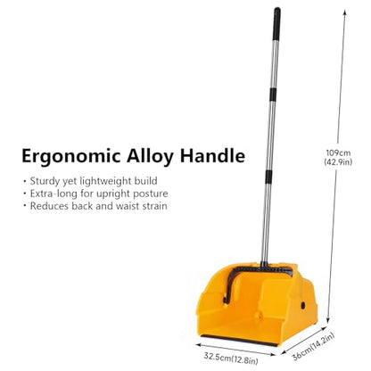 Jumbo Commercial Dustpan with Wheels & Comb Teeth - Heavy Duty 14.2" Rolling Debris Pan - Long Handle Extra Large Upright Dust Pan for Industrial Warehouse Garage Restaurant Sidewalk Outdoor - Yellow - color: Yellow