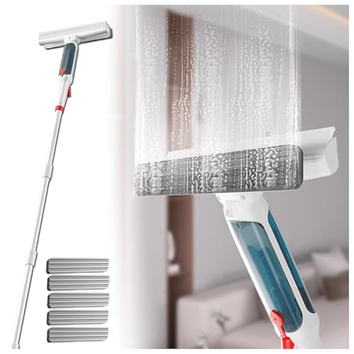 75'' Spray Squeegee for Window Cleaning with 4-Section Extension Pole, 4 in 1 Window Vacuum Squeegee Cordless Shower Squeeze for Glass Door and Tile with Sewage Collector and 5 Pads