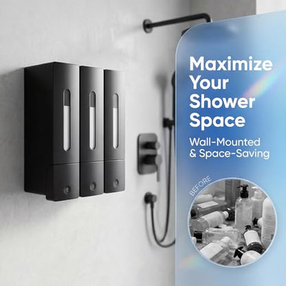 3-Chamber Shampoo, Conditioner & Body Wash Dispenser, Wall-Mounted Shower Soap Dispenser, 1200 ML (3×400 ML) Capacity, No-Drill or Screw Install, Refillable Clear-Window Bottles for Bathrooms & Hotels - color: Black-3-pack