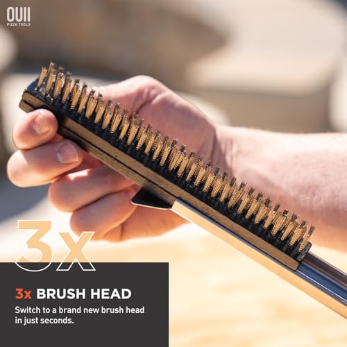 26'' Pizza Oven Brush with Stone Scraper - Includes 3 Brush Heads, Heat-Resistant Silver Stainless Steel Bristles - Long Grip Handle, Compatible with Ooni, Gozney, Blackstone, Solo Stove Ovens - color: Black - 3 Brush Heads