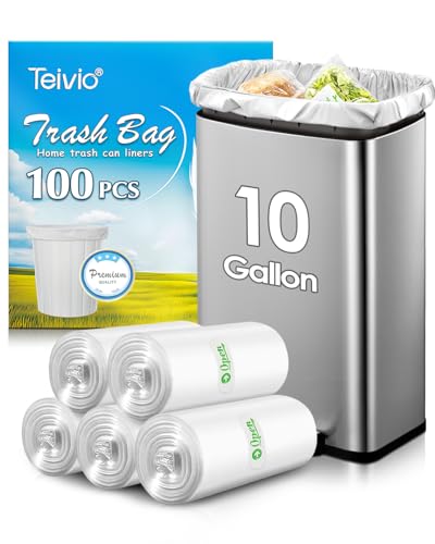 10 Gallon 100 Counts Medium Trash Bags Garbage Bags by Teivio, Bathroom Trash Can Bin Liners, Plastic Bags for home office kitchen, Clear - size: 1 Count (Pack of 100), style: 100pcs-10 Gallon-Clear