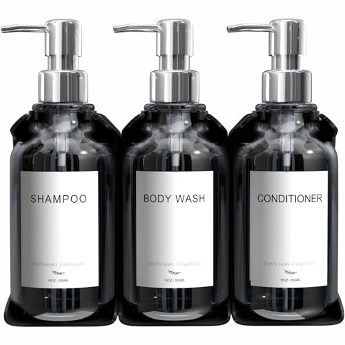 Stylish Shampoo and Conditioner Dispenser - Shower Soap Dispenser Wall Mounted - 16 oz Set of 3 Plastic Clear Bottles with Silver Pumps - Modern Shower Dispenser, Shower Shampoo Dispenser 3 Chamber - color: Clear