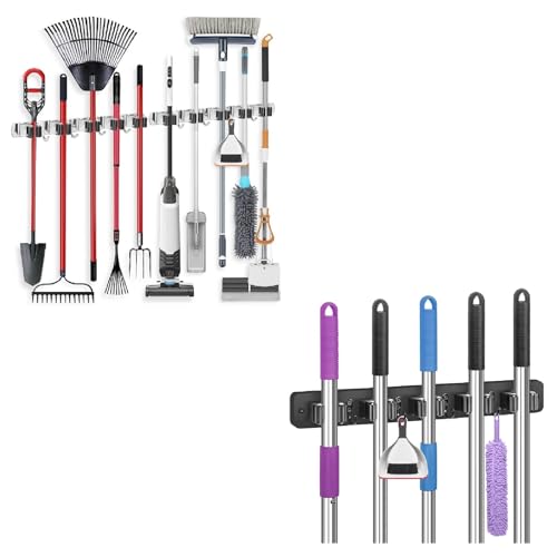 IMILLET 2 PACK Stainless Steel Mop and Broom Holder and 1 PACK Wooden Broom Holder