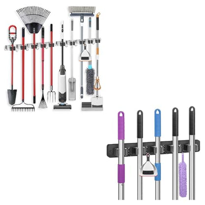 IMILLET 2 PACK Stainless Steel Mop and Broom Holder and 1 PACK Wooden Broom Holder