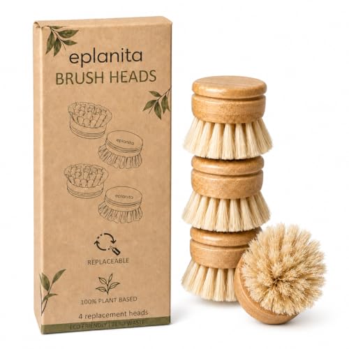eplanita Replacement Brush Heads (Pack of 4) for Bamboo Dish Brush, Sisal Bristle Refills, Agave Cactus Fibres, Kitchen Eco Scrubber, Plastic Free Washing Up, Zero Waste Cleaning - size: Pack of 4