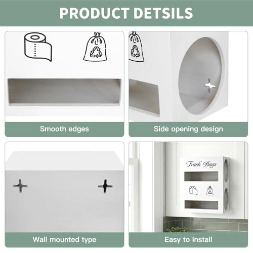2 in 1 Trash Bag Dispenser, Double Wall Mounted,Wood Trash Bag Holder, used in kitchen, garage, laundry room, can store Environmentally friendly food bags and garbage bags (White/Large) - color: White/Large