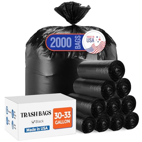 Delxo 30-33 Gallon Trash Bags, 2000 Count – 0.6 Mil Medium Duty Garbage Bags, Durable Plastic Bolsas para basura, Perforated Design– Made in USA for Kitchen, Yard, Office (Black) - color: 33Gal-2000Ct(Black)