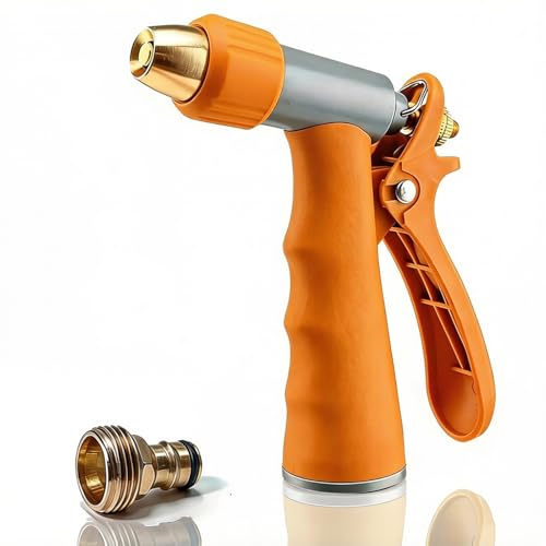 Garden Hose Nozzle, High Pressure Water Hose Nozzle Heavy Duty | Full Metal Core Upgraded with Adjustable Modes for Lawn & Plants, Car, Pet Washing, Orange - color: Orange