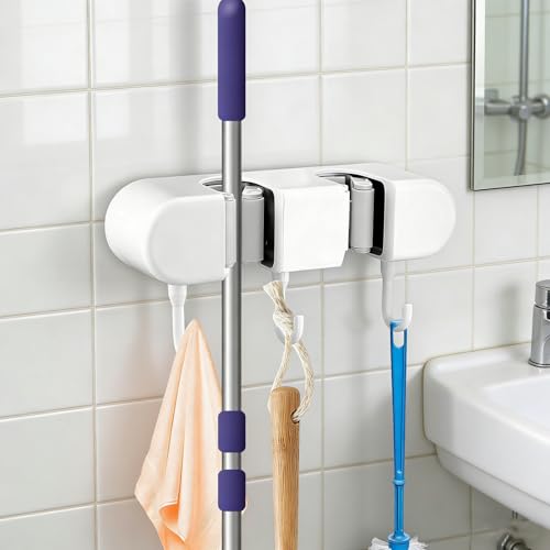 1 Pcs Mop Holder Wall Mount Organizer with 2 Clip 3 Hook Cleaning Tool Storage Rack for Kitchen Closet for Partner(White) - color: White 2 clip 3 hook