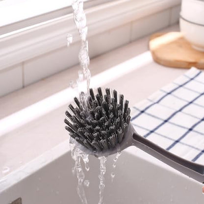 Scrub Brush for Cleaning Dish 2pcs, Round/Triangular Head, Stiff Bristles Long Handle Kitchen Scrubber with Scraper for Sink, Pan, Pot, Dishwashing, Vegetable (2)