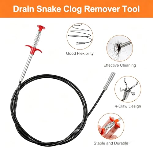 79 Inch Drain Snake Clog Remover Tool, 4-Claw Flexible Grabber for Hair in Toilet, Sink, Shower, Kitchen, Bath Tub & Sewer Drain Unclog (Black)