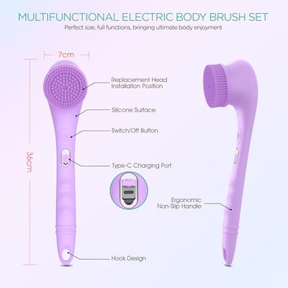 VOYOR Electric Body Brush Back Scrubber Silicone Body Scrubber Two-Way Rotating Brush Head for Deep Cleaning, Exfoliation, 4 Attachments Long Handle IPX6 Rechargeable Shower Brush BC300 (Purple) - color: Purple