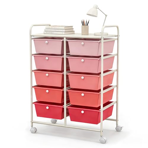 COSTWAY 10 Drawer Rolling Storage Cart, Mobile Utility Cart with Metal Frame & Lockable Wheels, Art Supply Craft Organizer, Multipurpose Drawer Cart for Paper for Office, School, Mixed Pink - color: Mixed Pink, size: 10 Drawer