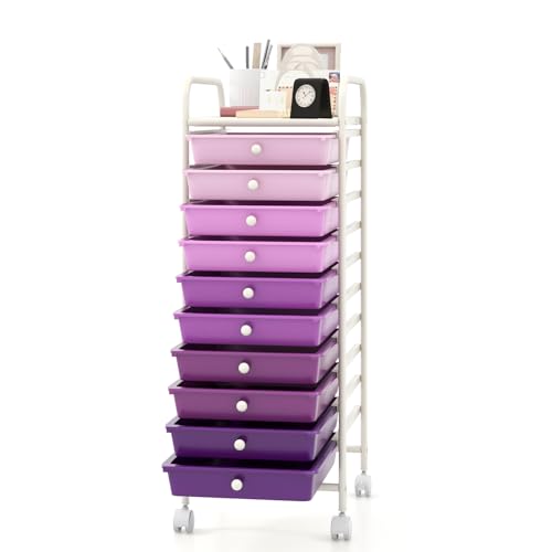 MEDIMALL 10 Drawers Rolling Storage Cart, Multipurpose Craft Storage Cart with Wheels, Mobile Tools Scrapbook Paper Organizer Cart for Office School Home Use - color: Gradient Purple