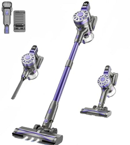 Cordless Vacuum Cleaner, 6 in 1 Lightweight Stick Vacuum with Rechargeable Battery, Handheld Conversion, LED Headlights & 180° Swivel Brush, for Hardwood Floor Carpet Pet Hair Stairs Car(Light Purple)