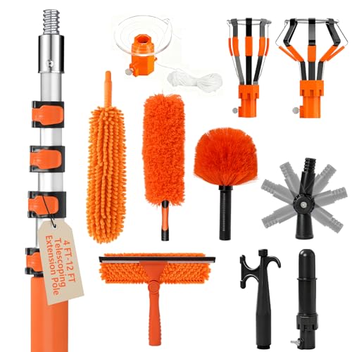 20FT Light Bulb Changer for High Ceilings with 5-12FT Heavy Duty Extension Pole,High Ceiling Fan Duster Extendable Reusable Cobweb,Feather,Window Cleaning Squeegee Kit for Home & House,Interior Roof - color: Orange, size: 12 feet