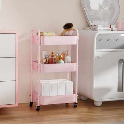 3 Tier Rolling Cart with Table top, Metal Rolling Utility Cart, Sturdy Storage Organizer Cart with Locking Wheels & Hooks for Office, Classroom, Kitchen and Bathroom，Pink - color: Pink