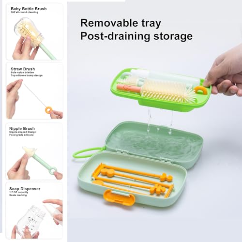 7in1 Travel Bottle Cleaner kit,Baby Essentials, with Bottle Brush、Nipple Brush、Straw Cleaner Brush、Soap Dispenser、Bottle Drying Rack、Drainage Tray、Storage Box,Baby Travel Essential (Green) - color: Green