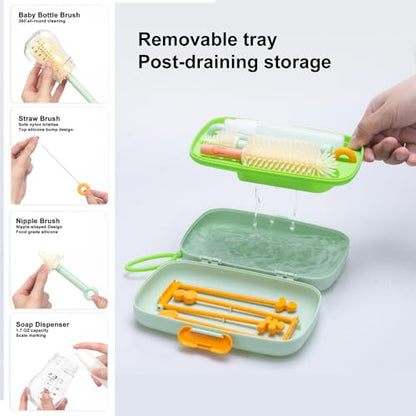 7in1 Travel Bottle Cleaner kit,Baby Essentials, with Bottle Brush、Nipple Brush、Straw Cleaner Brush、Soap Dispenser、Bottle Drying Rack、Drainage Tray、Storage Box,Baby Travel Essential (Green) - color: Green