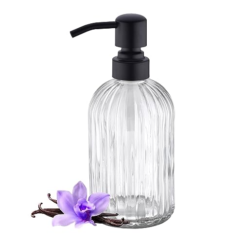 16Oz Bathroom Glass Soap Dispenser with Black Rust Proof Pump,Premium Kitchen Soap Dispenser with Vertical Stripe, Lotion Dish Dispenser for Modern Home Decor, Countertop, Hotel - color: Matte Black +Clear, size: 1-Pack