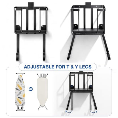 ORLESS Ironing Board Hanger Over Door & Wall Mount, Black | 2 in 1 Heavy Duty Iron Board Holder with Storage Basket, Fits T/Y Boards, Laundry Room Space Saver - color: Black Iron Black Wood