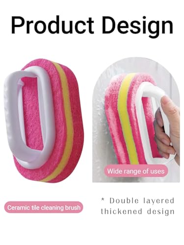 Ergonomic Long Handle Sponge Brush Set Durable Scouring 3 Pack Pad Shower Scrubber for Bathroom Bathtub Tile Grout Kitchen Sink Pot Cleaning Tool Non Scratch Heavy Duty Wand (Hot Pink) - color: Hot Pink