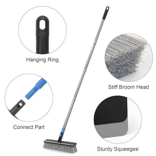 KeFanta Deck Brush with Long Handle, 2 in 1 Floor Scrub Brush for Cleaning, 56" Stiff Bristle Outdoor Scrubber Brush for Patio Concrete Boat Garage Bathroom Kitchen Wall Shower