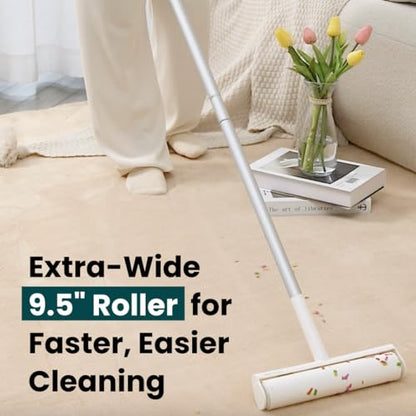 Large Lint Roller with Extra Sticky Roller and 420 Sheets 9.5" Wide, Floor Lint Roller Long Handle, Extendable to 41", Carpet, Couch, Pet Hair, Clothing Cleaning Supplies (White Roller + 7 Refills) - size: White Roller + 7 Refills