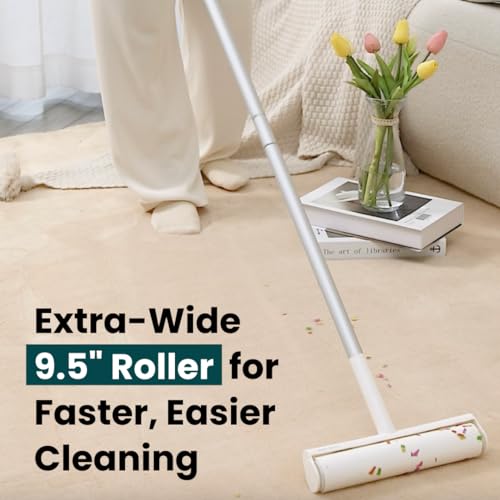 Large Lint Roller with Extra Sticky Roller and 420 Sheets 9.5" Wide, Floor Lint Roller Long Handle, Extendable to 41", Carpet, Couch, Pet Hair, Clothing Cleaning Supplies (Navy Roller + 7 Refills) - size: Navy Roller + 7 Refills