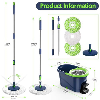 Spin Mop and Bucket with Wringer Set, 360° Rotating Microfiber Mop, Adjustable Handle, Hands-Free Wringing, Reusable Mop Heads (Green mop and Bucket + 3 mop Head) - color: Green Mop and Bucket + 3 Mop Head