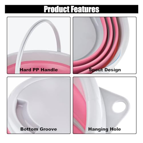 GLSOWEE Car Collapsible Bucket, 10L 2.6 Gallon Folding Bucket Auto Cleaning Plastic Water Bucket, Foldable Portable Bucket Space Saving for Indoor Outdoor Car Wash Garden Camping (Pink)